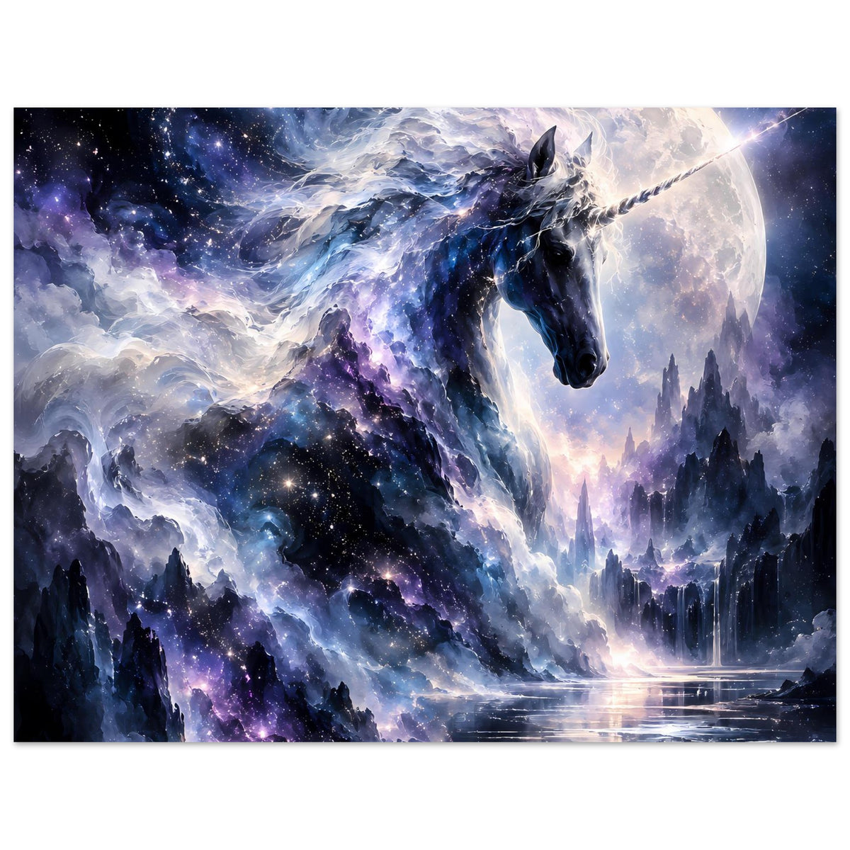 Galaktisches Einhorn-Poster, horizontal: Einhorn über Sternemeer mit Mond und Spiegelung
