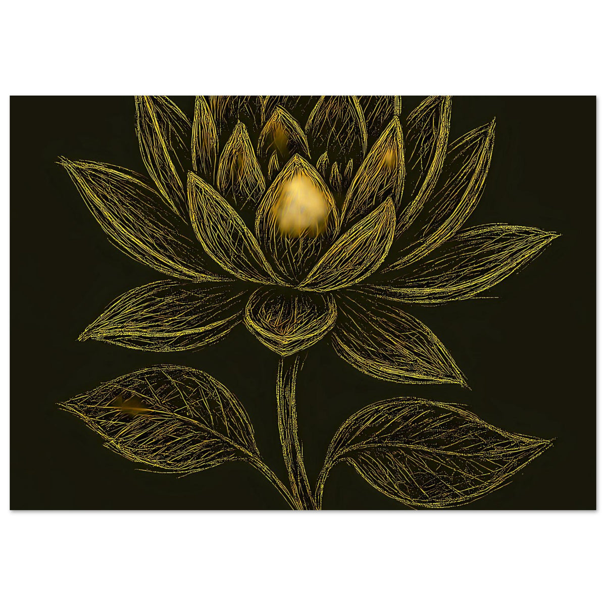 Querformat-Poster mit goldener Lotusblüte und Blättern auf dunklem Hintergrund