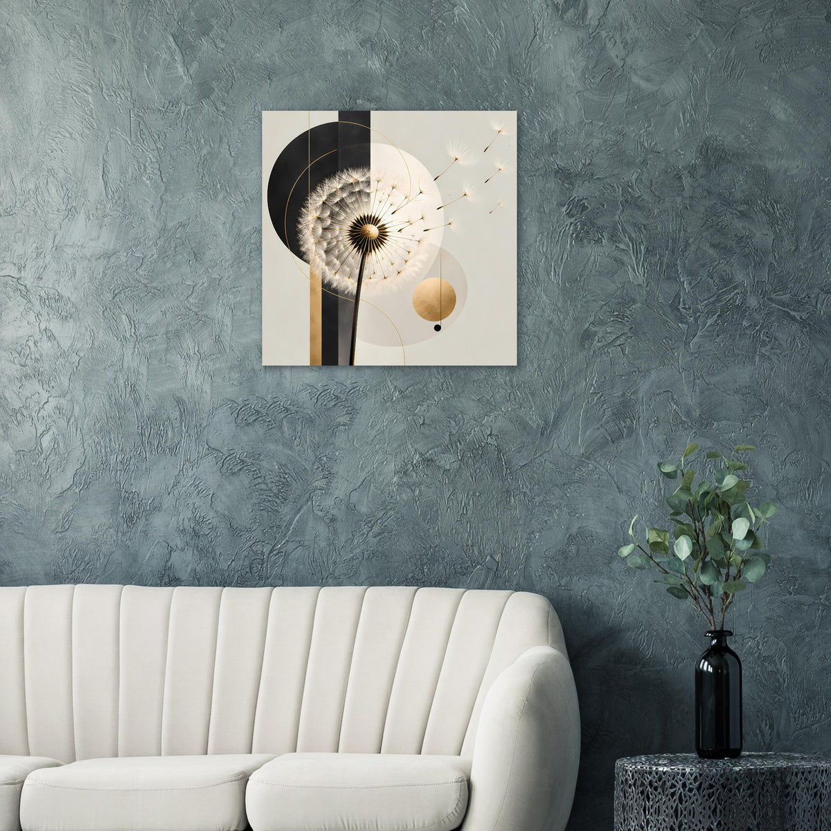 Gerahmtes Poster mit Pusteblume-Motiv, goldene Akzente auf hellem Hintergrund