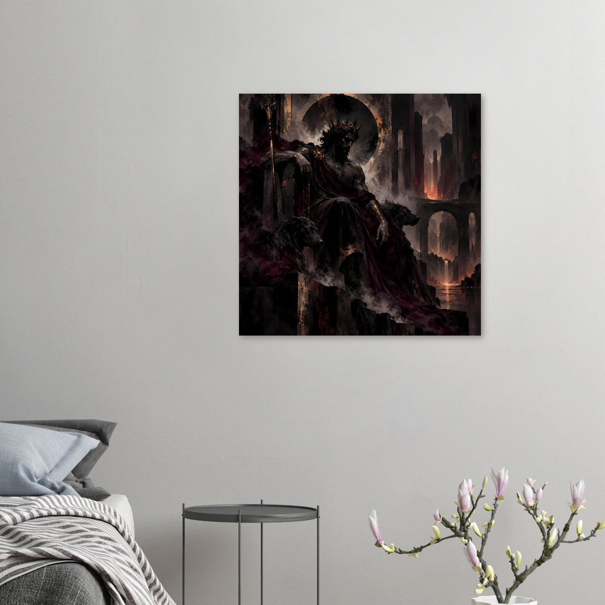Gerahmtes Dark-Fantasy-Poster mit Ritterfigur, Mondscheibe, Türmen und Kerzenlicht