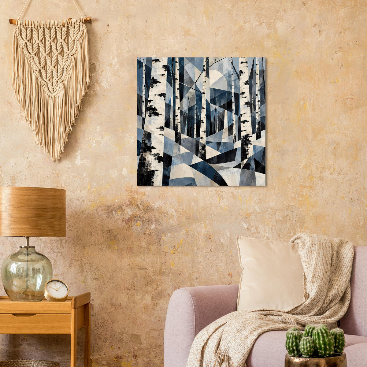 Geometrisches Birkenwald-Poster mit blauen Linien und Dreiecksformen
