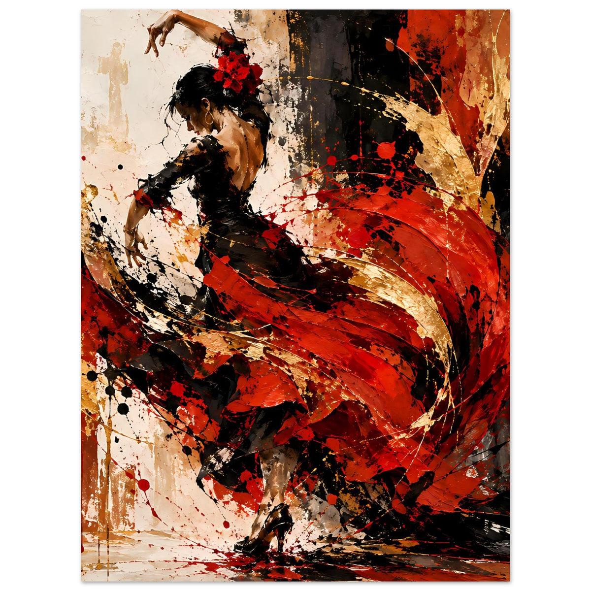 Vertikales Poster mit Flamenco-Tänzerin in Schwarz, roter Farbwirbel, goldene Highlights