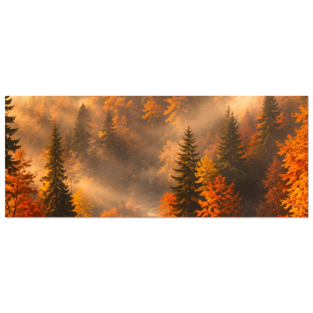 Herbst-Waldlandschafts-Poster im Querformat mit nebligem Licht und orangefarbenen Tannen