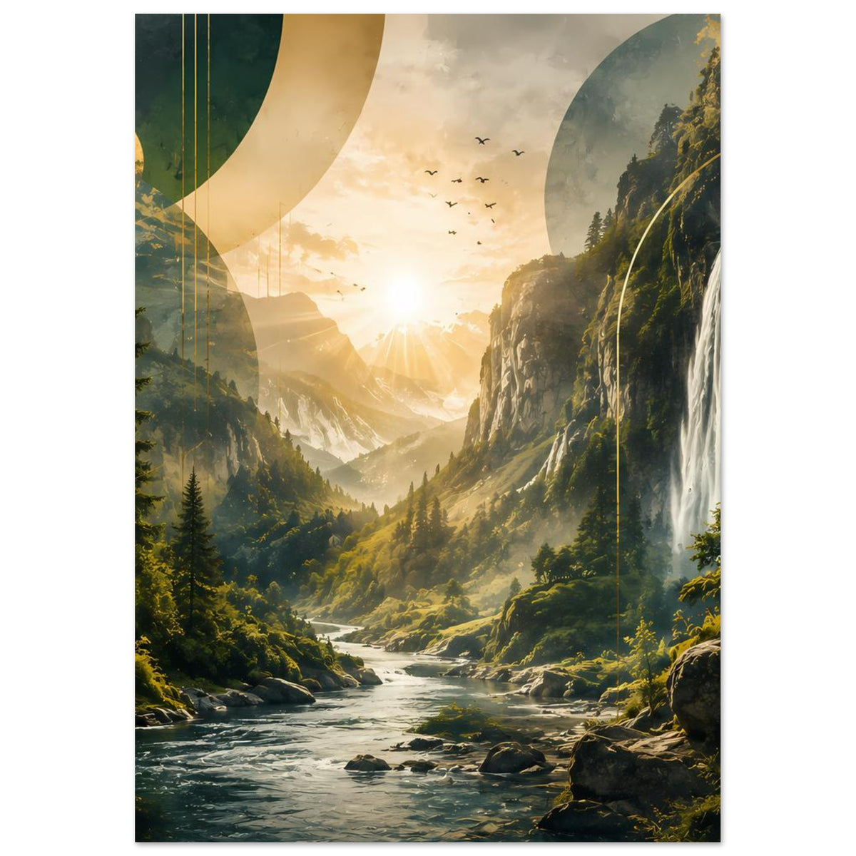 Vertikales Poster mit Wasserfall und Flusstal zwischen Bergen, goldenes Licht