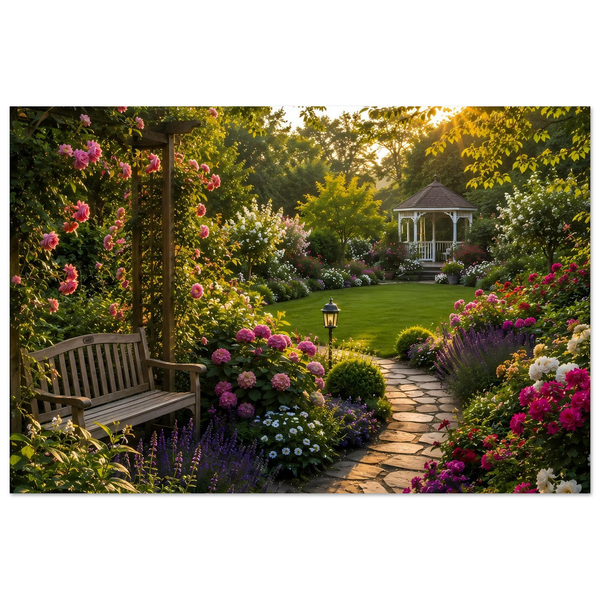 Gartenlandschafts-Poster mit üppigen Blüten, Steinweg, Laterne und Pavillon