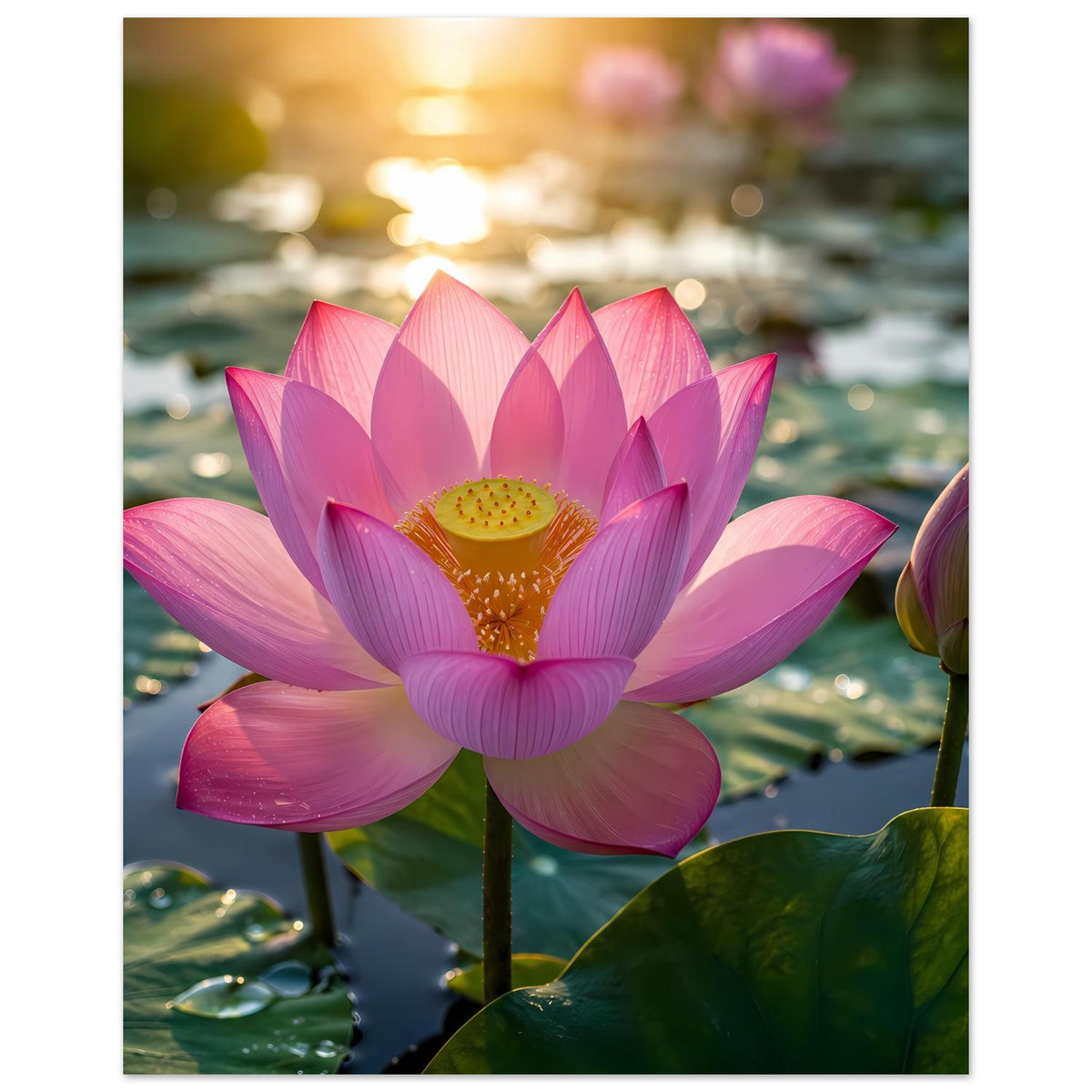 Lotusblüten-Poster: große rosa Blume mit gelbem Zentrum, seitlich nur leicht erkennbare Knospe