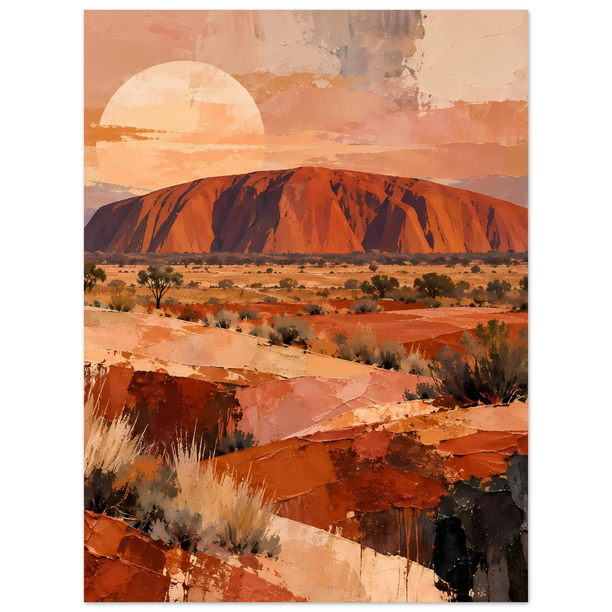 Vertikales Wüstenlandschafts-Poster mit Ayers Rock, Sonne, roten Felsen und Wüstengrasen