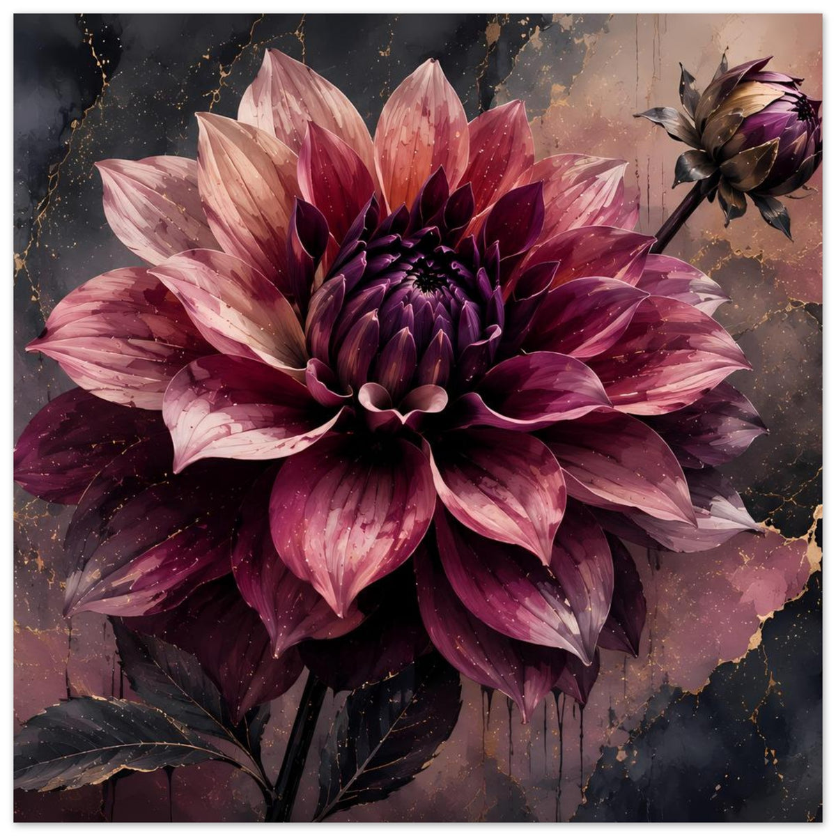 Blumenposter mit dunkelvioletter Dahlie und goldenen Adern, kräftige Farbverläufe an den Blüten