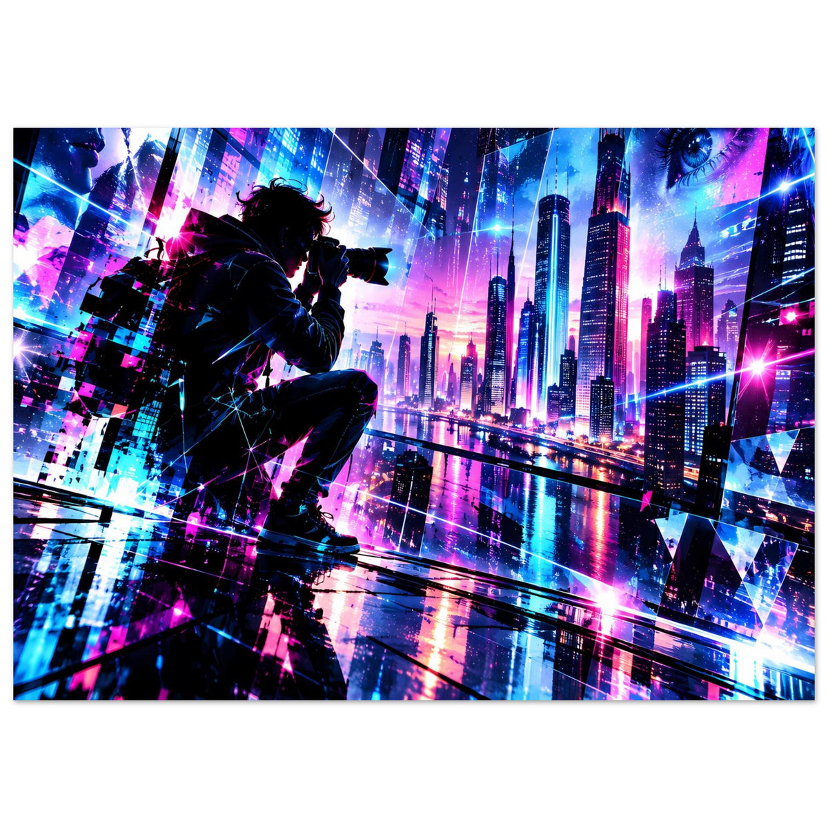 Poster mit Neon-Skyline bei Nacht, Silhouettenfigur fotografiert vom Dachrand