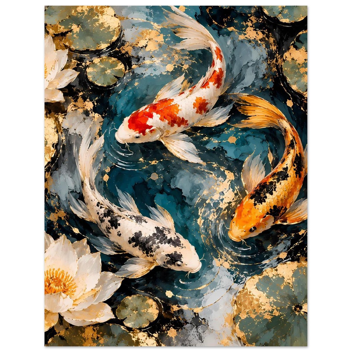 Kunstposter im Querformat mit mehreren Koi-Fischen im Teich, umrahmt von Lotusblüten
