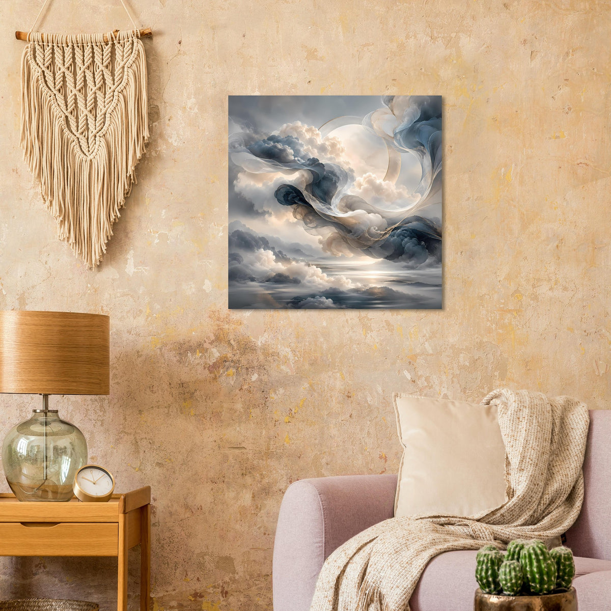 Wolkenlandschaftsposter im quadratischen Rahmen mit dunklen und blauen Wolken, hellem Zentrum