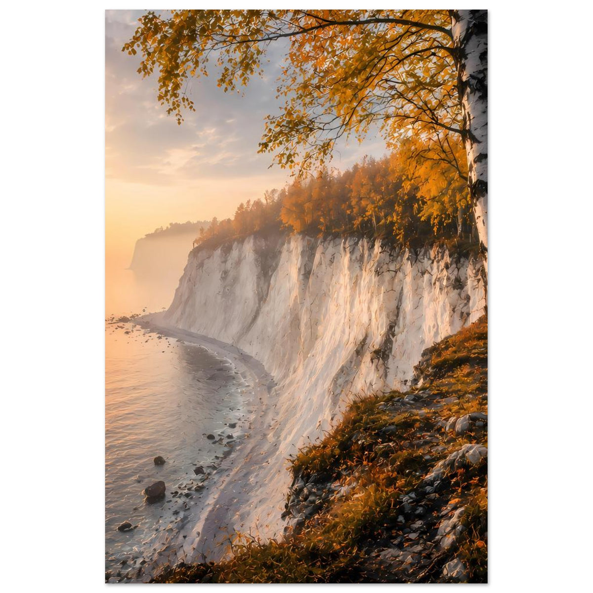 Poster mit Klippenküste im Herbst: Birken am Rand, Felswand und goldenes Laub