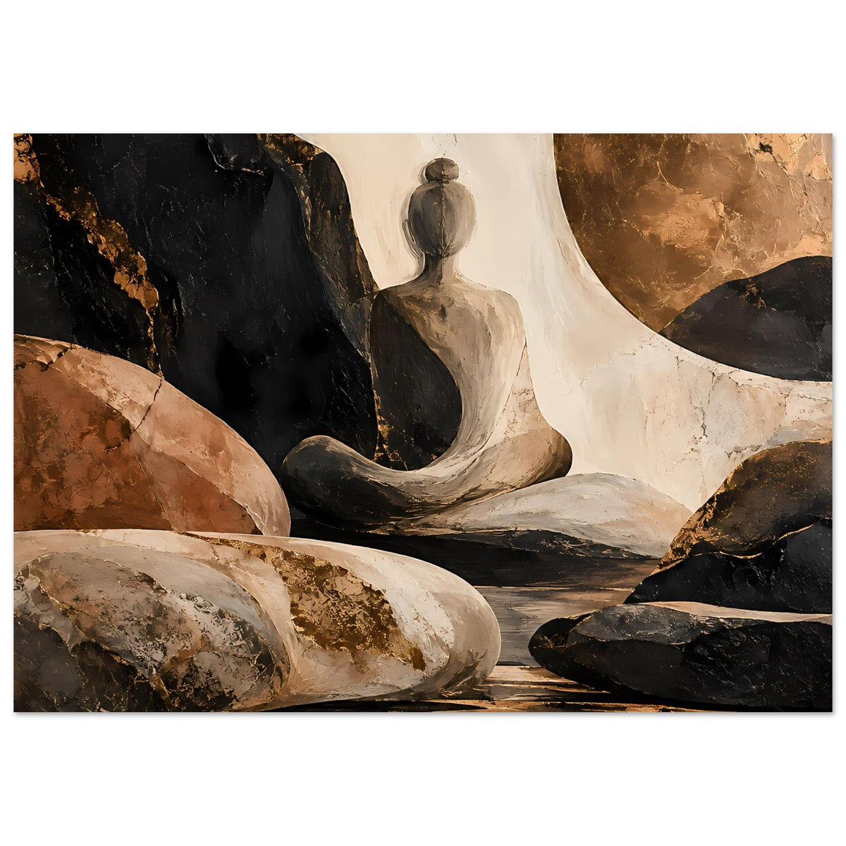 Meditatives Abstract-Poster, sitzende Figur im Fokus, schwarzbraune Steinformationen, matt