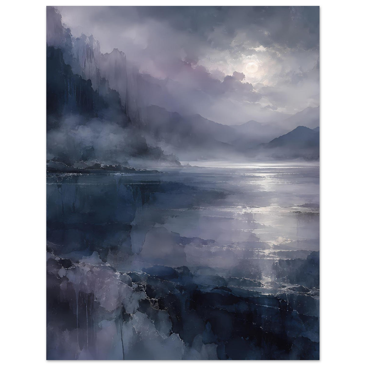 Poster im Hochformat mit mondscheinverhangener Küste, Wolkenhimmel und ruhigem Wasser