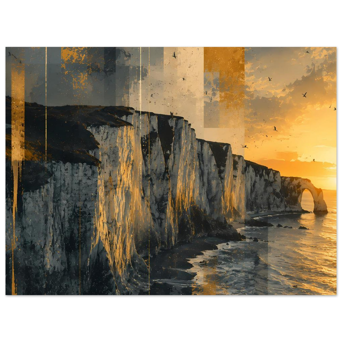 Querformat-Poster: Steilküste mit Gischt am Ufer und leuchtend gold-oranger Abendstimmung