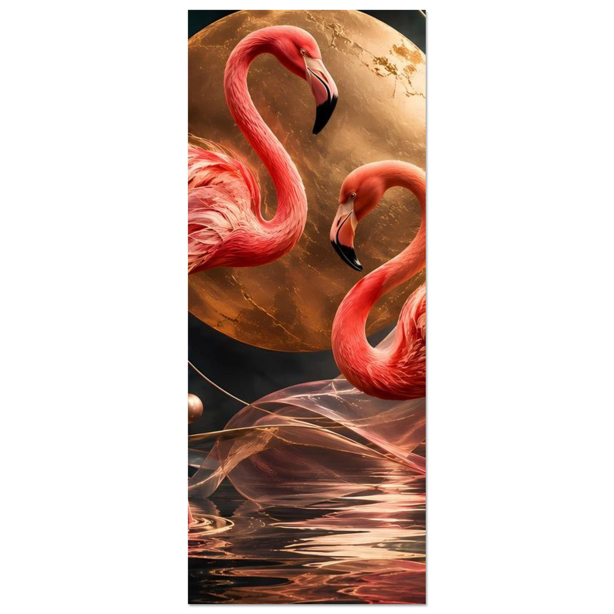 Vertikales Kunstposter: zwei pinke Flamingos vor goldener Mondkugel, abstrakte Reflexe