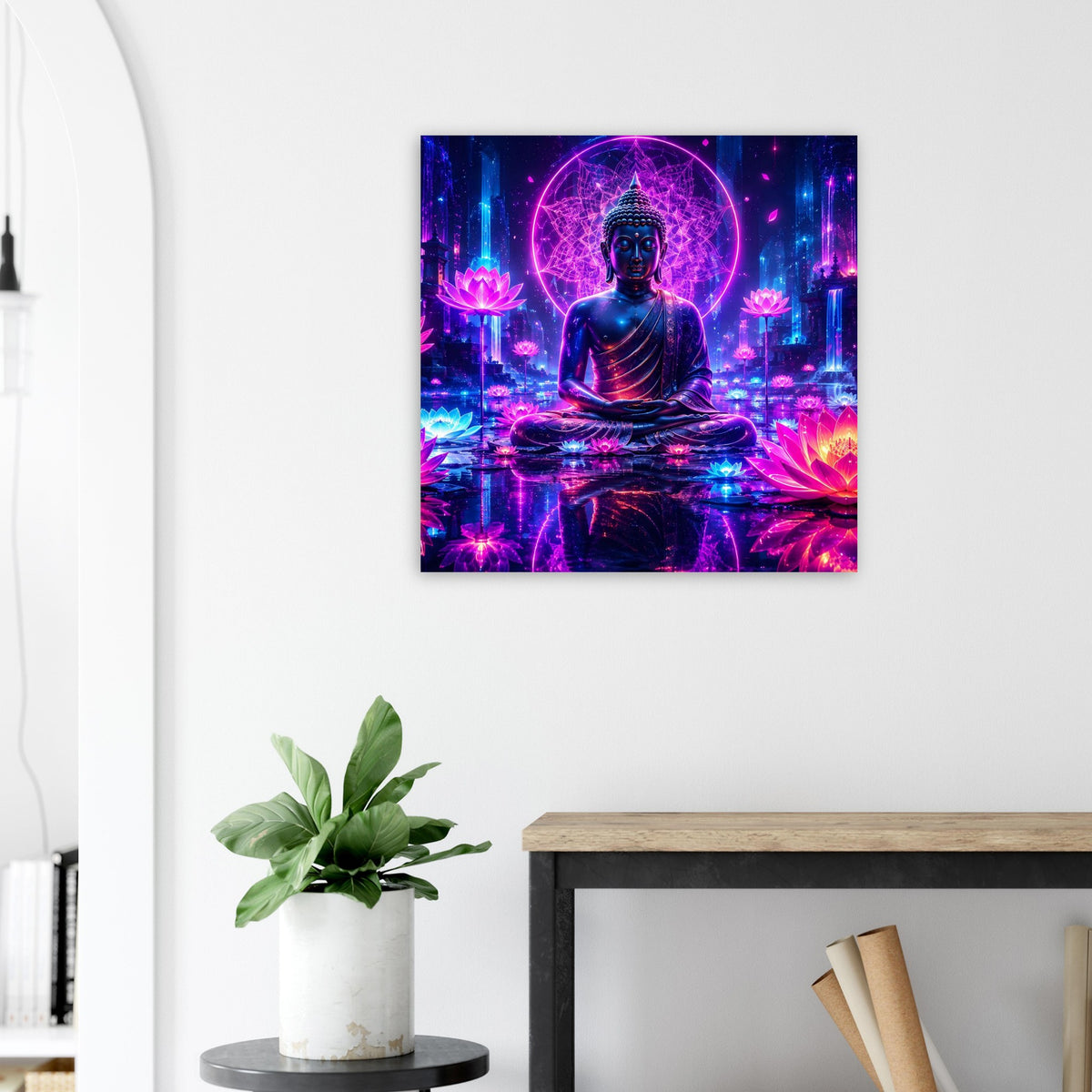 Neon Poster: sitzender Buddha mit violettem Lichtkreis und leuchtenden Lotusblüten