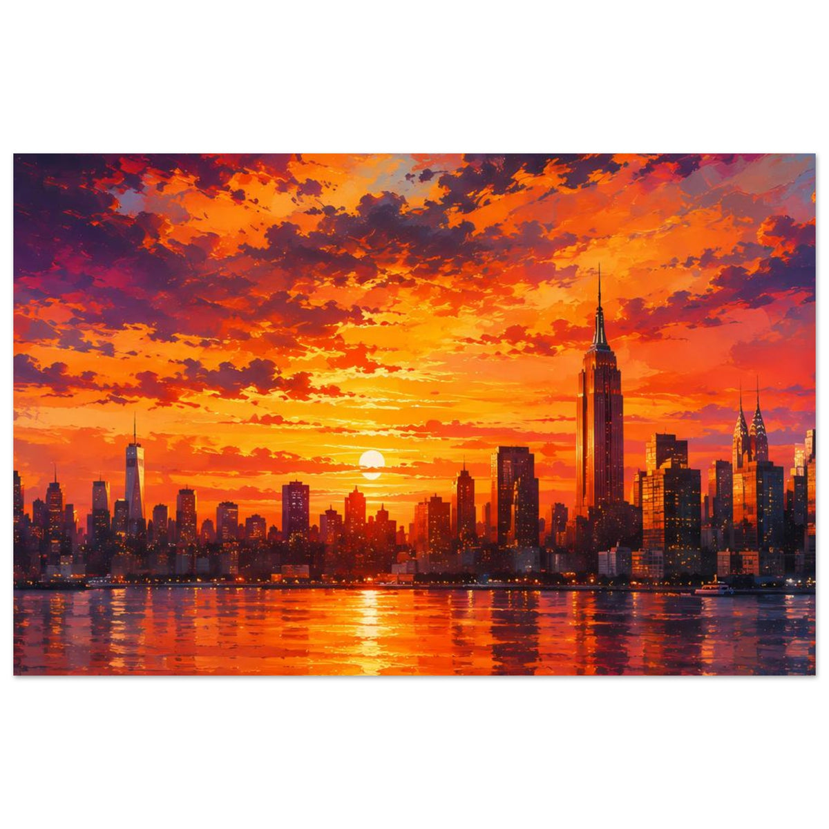 City-Sonnenuntergang Poster, Skyline mit Wolken und Spiegelung im Wasser im Querformat