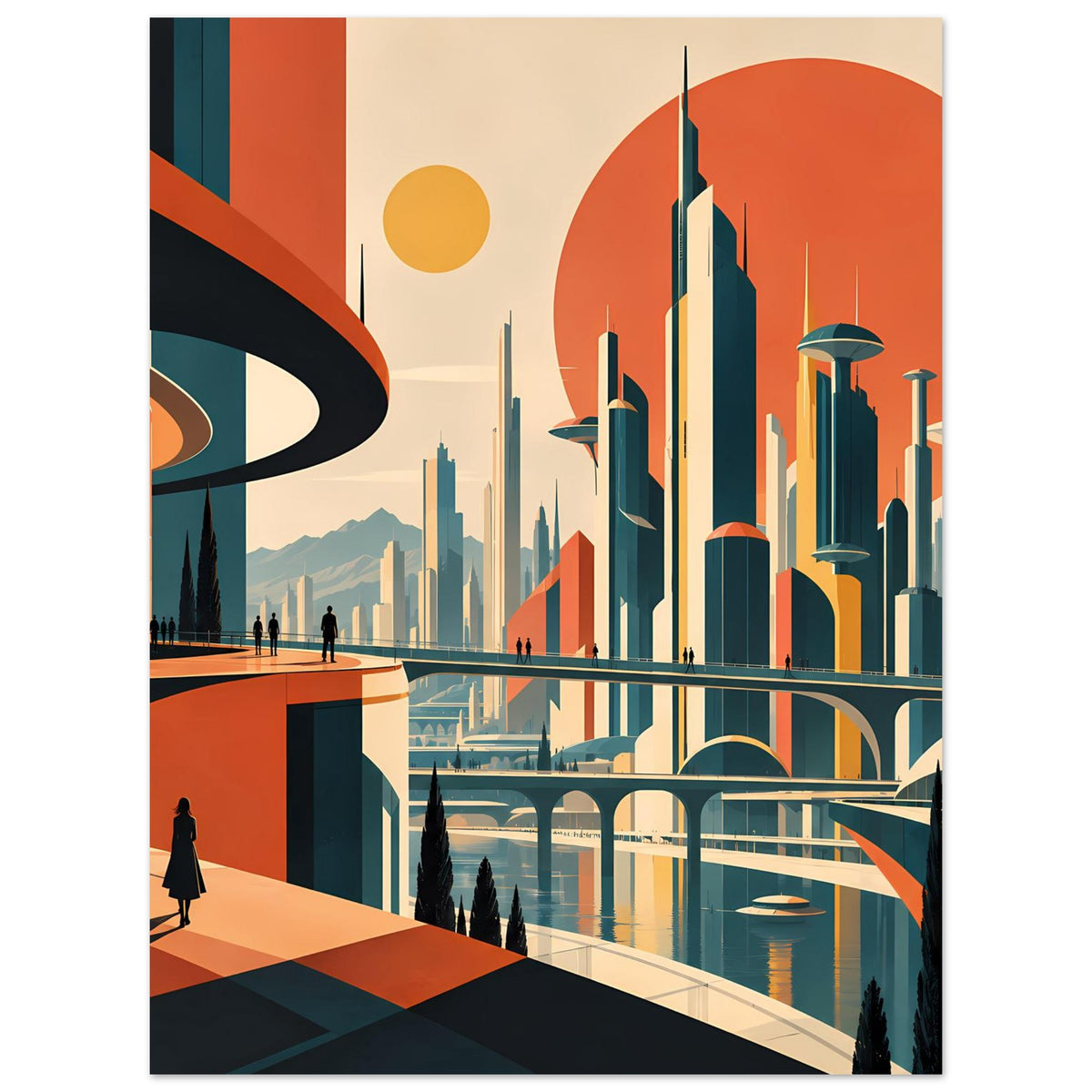 Gerahmtes Poster mit futuristischer Skyline, gebogener Brücke über Wasser und orangefarbenen Türmen