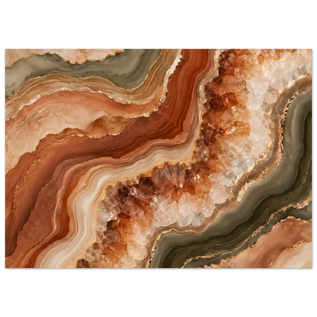 Horizontales Geoden-Poster mit rotbraunen, beigen und graugrünen Schichten und Kristallen