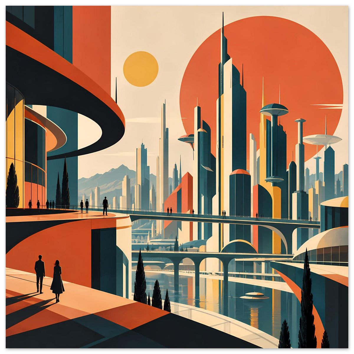 Panoramischer Kunstdruck: futuristische Stadt mit hohen Türmen, gebogenen Brücken und Orange-Tönen