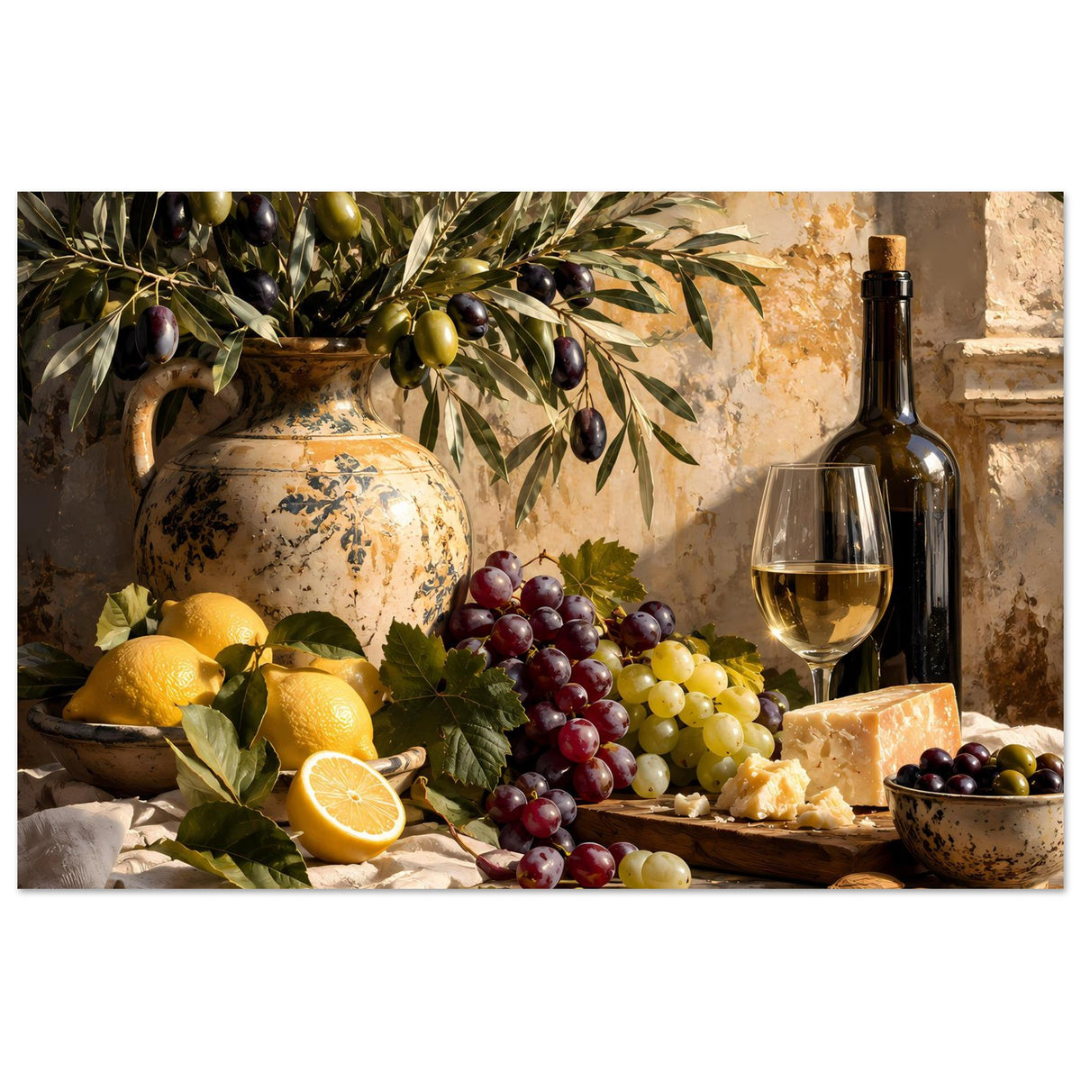 Still-Life-Poster mit Weinflasche und Weinglas, Trauben, Zitronen und Käse auf Tisch
