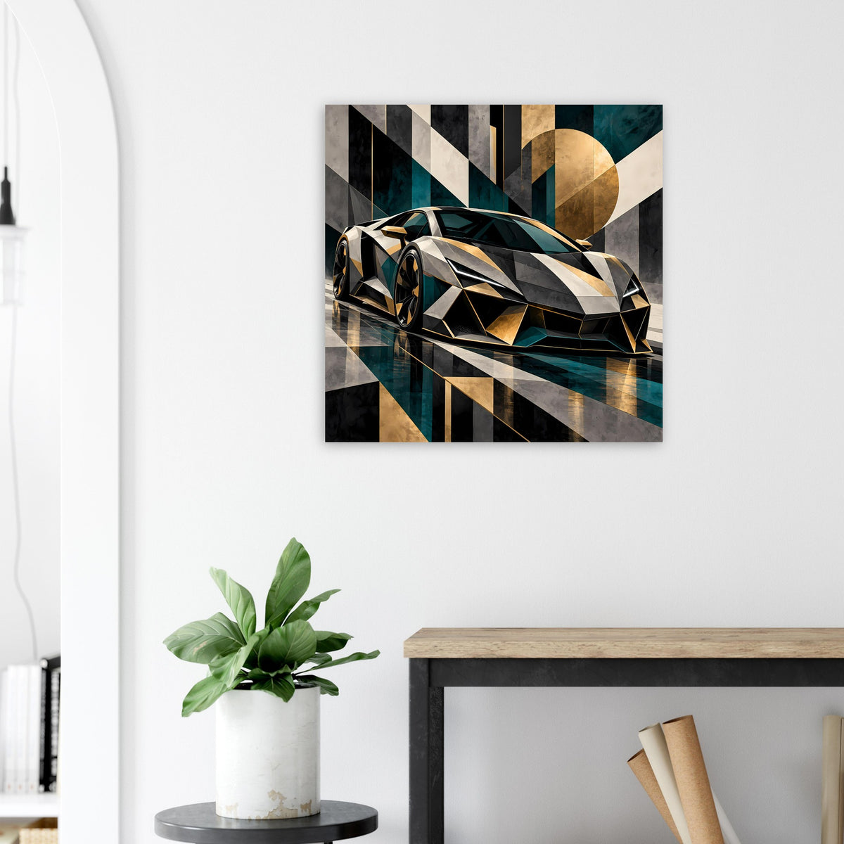 Quadratisches Autoposter mit geometrischem Sportwagen-Motiv, Schwarz-Gold und Petrol