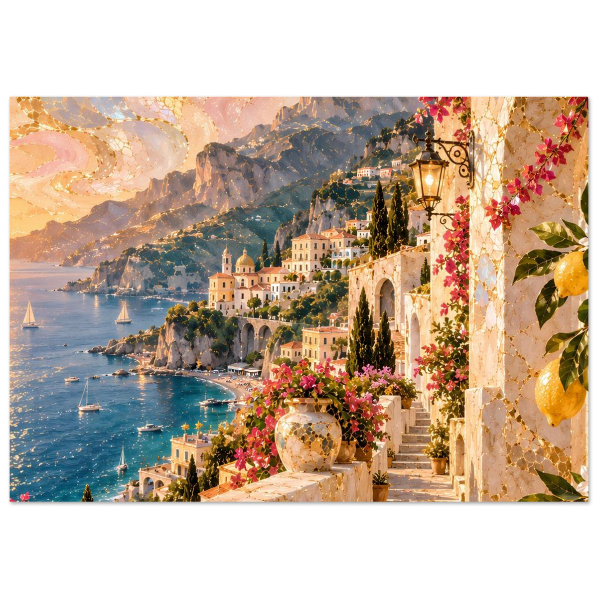 Mediterranes Küstenposter im Querformat: Bucht, Segelboote und Terrassen mit Laternen