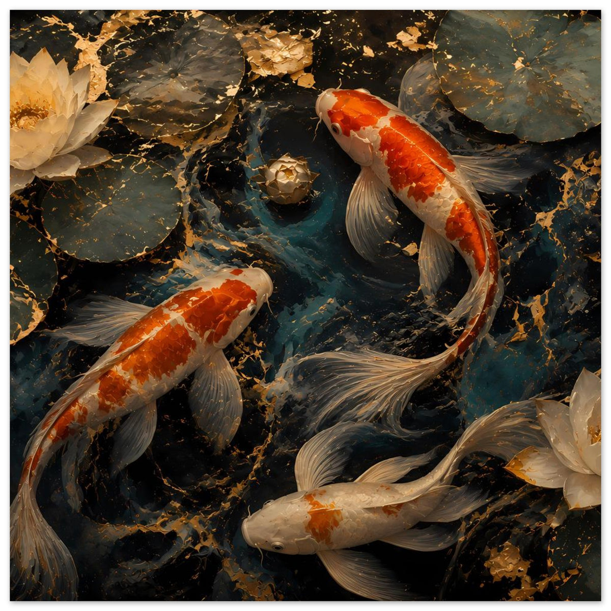 Koi-Teich Kunstposter im Querformat: mehrere orange-weiße Koi im dunklen Teich mit Glanz.