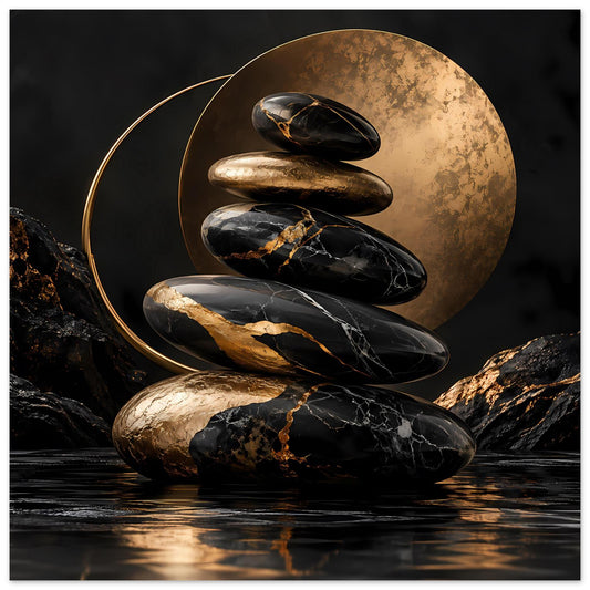 Poster mit Zen-Steinen: schwarze und goldene Kiesel auf rundem Motiv