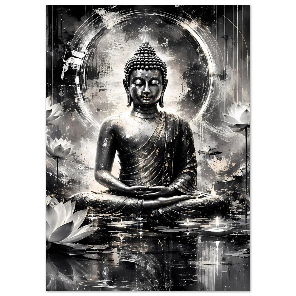 Vertikales Poster mit sitzendem Buddha in Schwarzweiß, runder Lichtaura, Fokus auf Oberkörper
