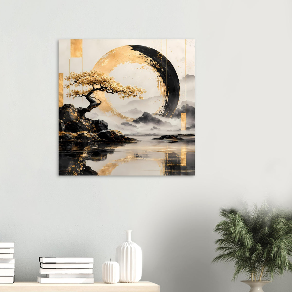 Kleines Wandposter mit gold-schwarzem Kreisdesign, Felsen, Wasser und Baumkrone