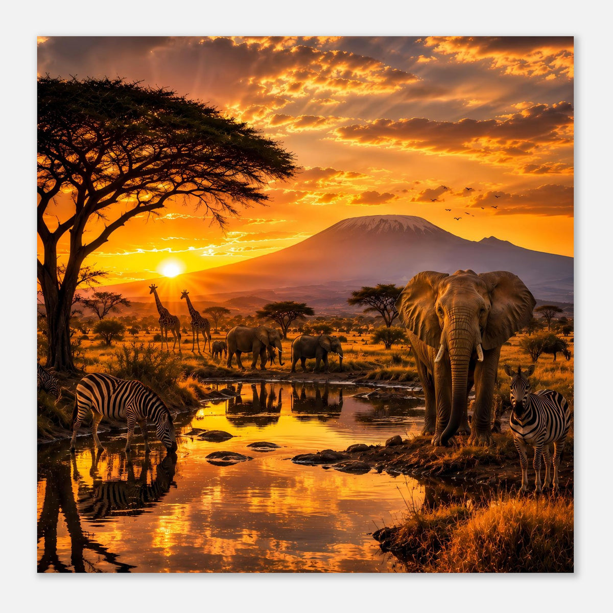Wandposter mit Elefant rechts, Zebras vorn und Giraffen am Wasserloch bei Sonnenuntergang