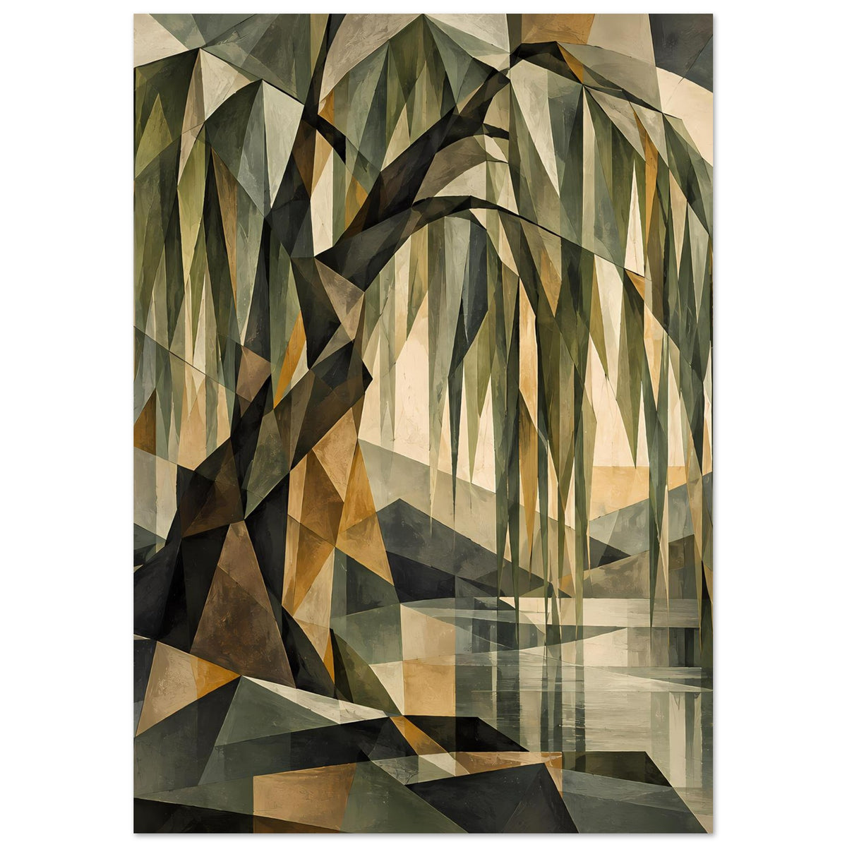 Vertikales Poster mit stilisiertem Baum aus geometrischen Dreiecken in Grün- und Brauntönen