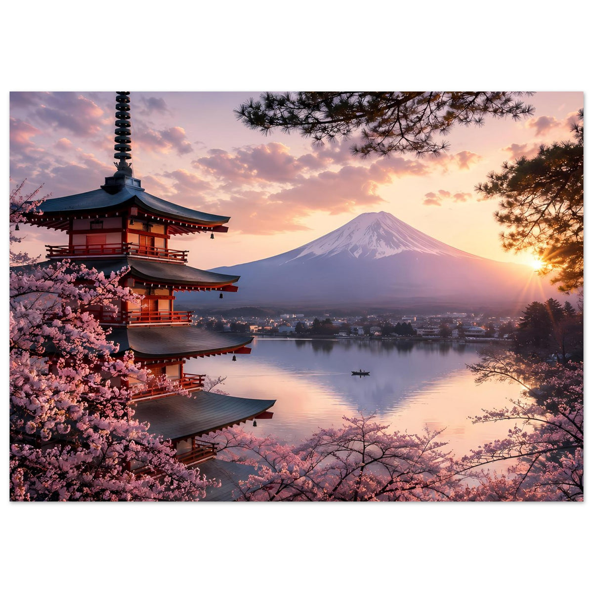 Querformat-Poster mit japanischer Pagode, Kirschblütenvordergrund und Berg Fuji im Abendlicht