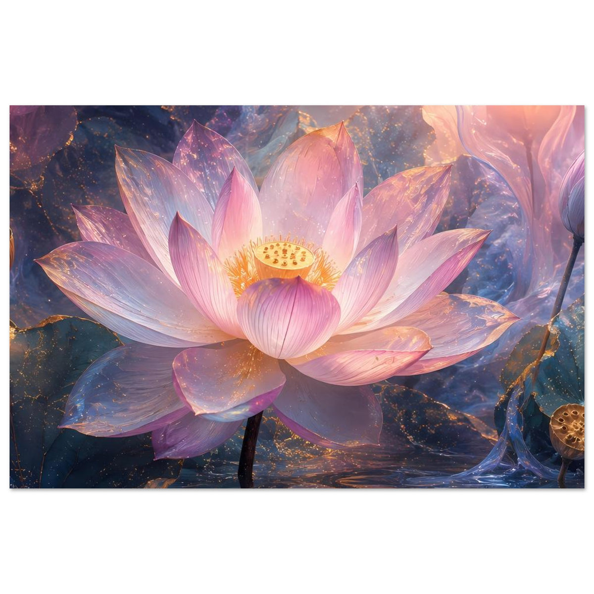 Gerahmtes Kunstposter: Lotusblüte in zarten Rosa- und Lilatönen mit hellem Goldkern