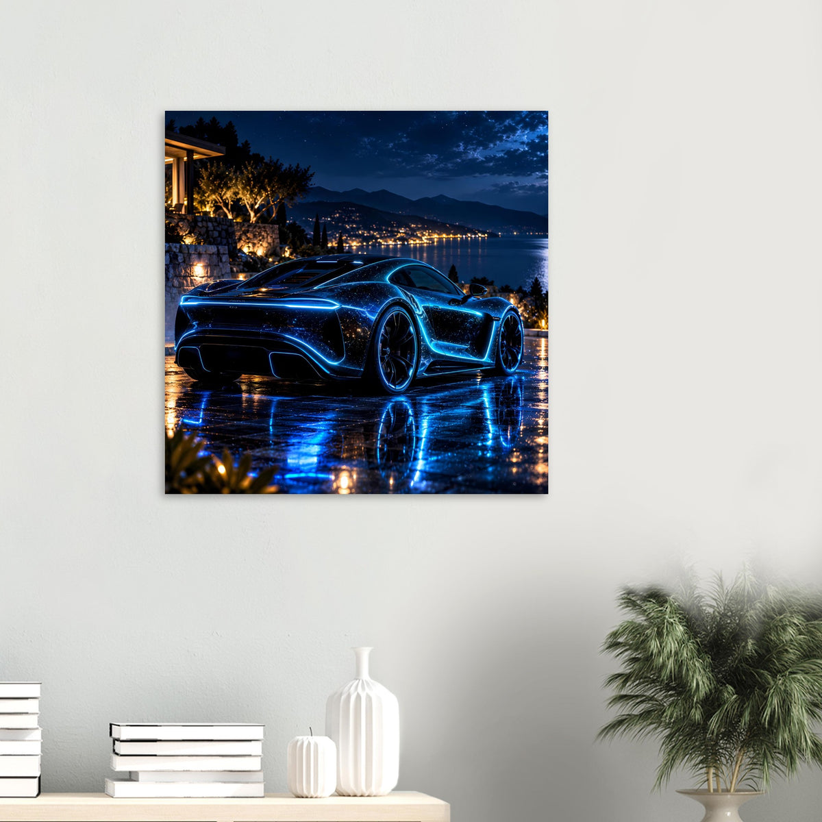 Quadratisches Autoposter: Sportwagen bei Nacht mit neonblauen Konturen und Reflexion