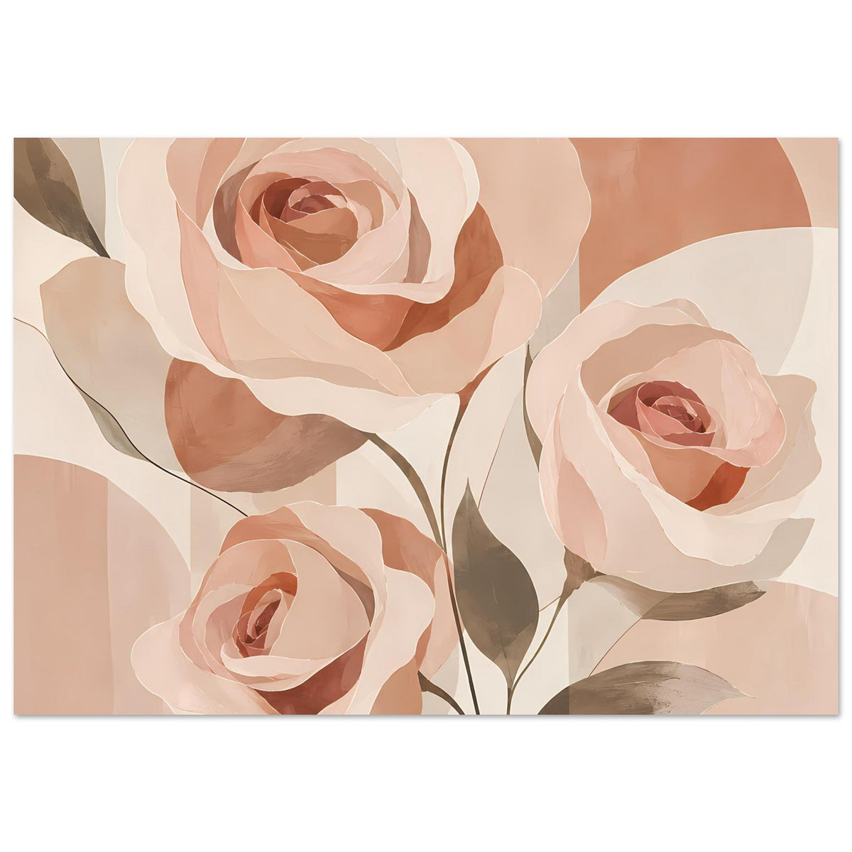 Florales Poster mit drei Rosenblüten in Rosa und Pfirsich, mit Stielen und Blättern