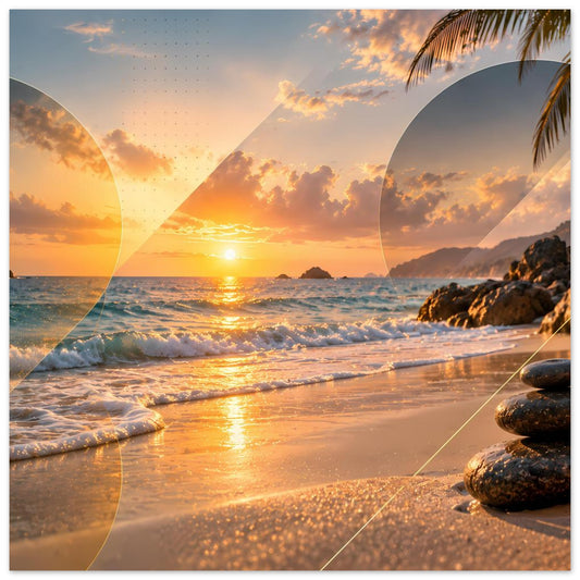 Poster mit Sonnenuntergang am Strand, Wellen, Steinen rechts und geometrischen Goldlinien