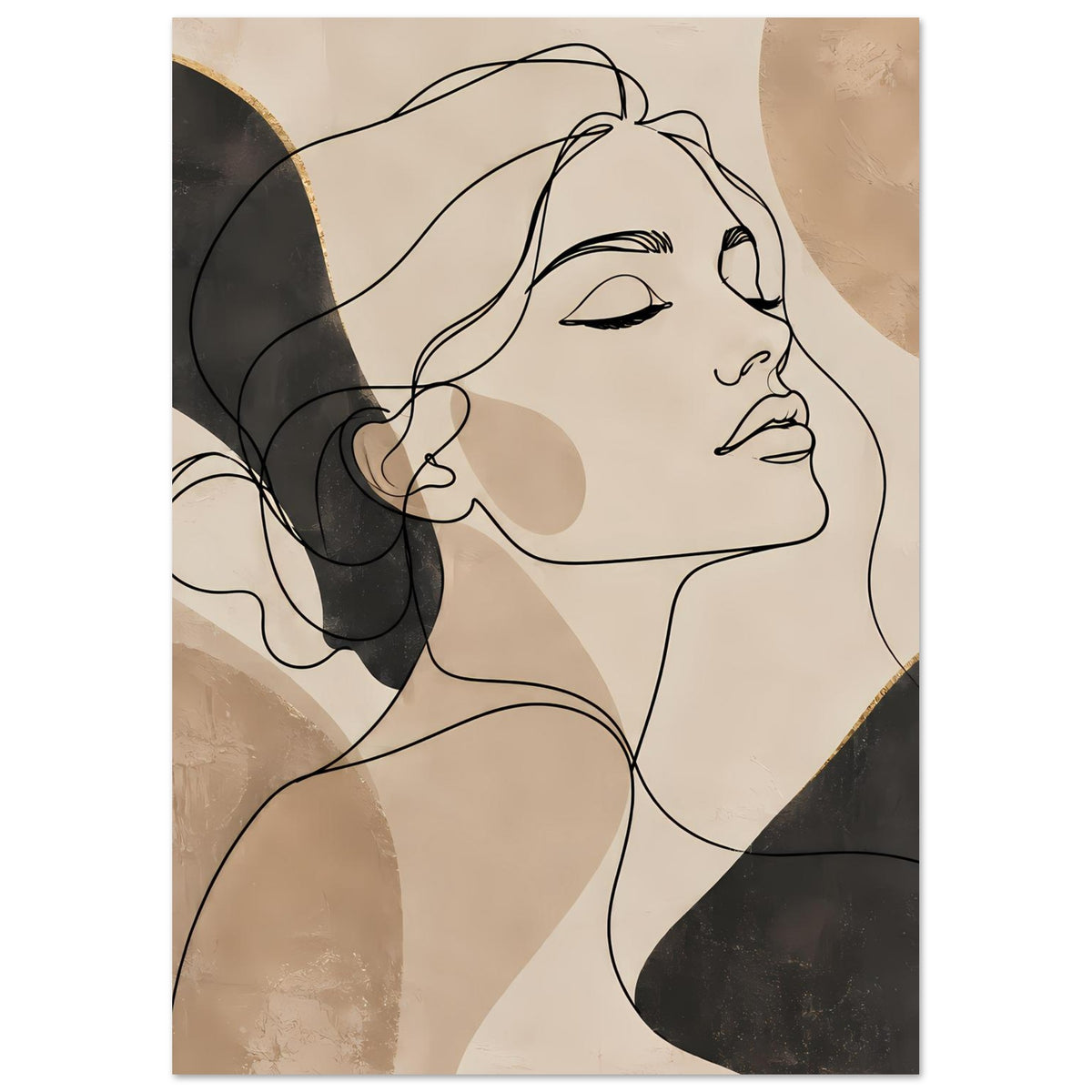 Kunstposter, Ausschnitt eines Line-Art-Frauenporträts in Beige und Schwarz
