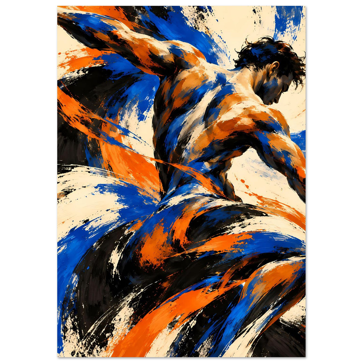 Abstraktes Kunstposter im Hochformat mit dynamischer Figur und starken Blau-Orange Pinselstrichen
