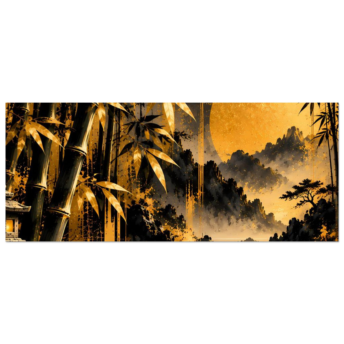 Breites Poster: goldener Bambus, gelber Sonnenkreis, Waldsilhouette und Wasserreflexe