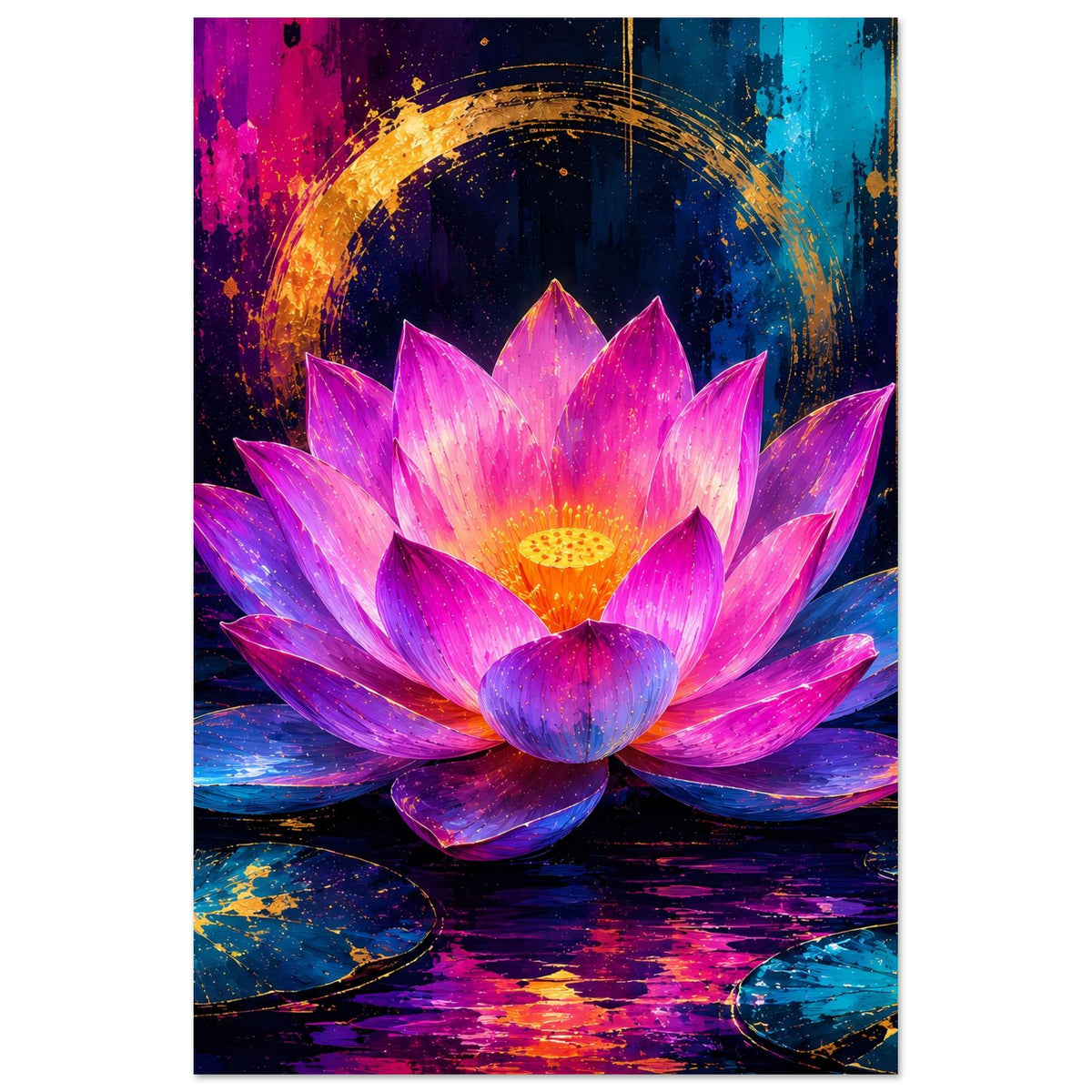 Blumenposter mit leuchtender Lotusblüte in Pink und Violett, goldene Akzente