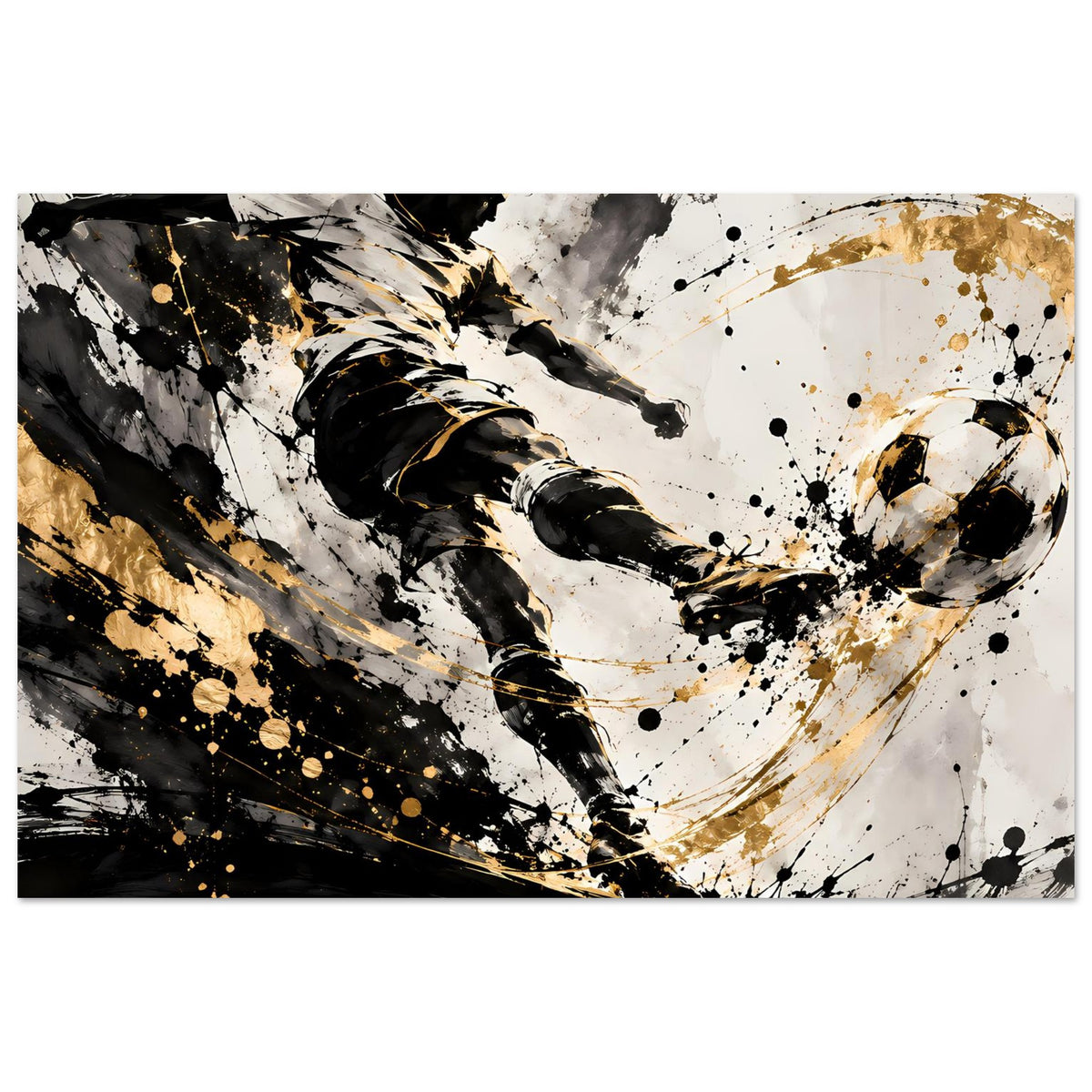 Fußballspieler-Poster mit Ball und Laufbahn, Schwarz und Gold in abstrakter Sprühoptik