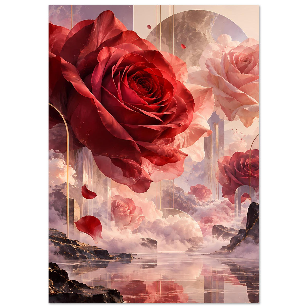Kunstposter mit roter Zentralrose, rosafarbener Nebenrose und Landschaft mit Türmen