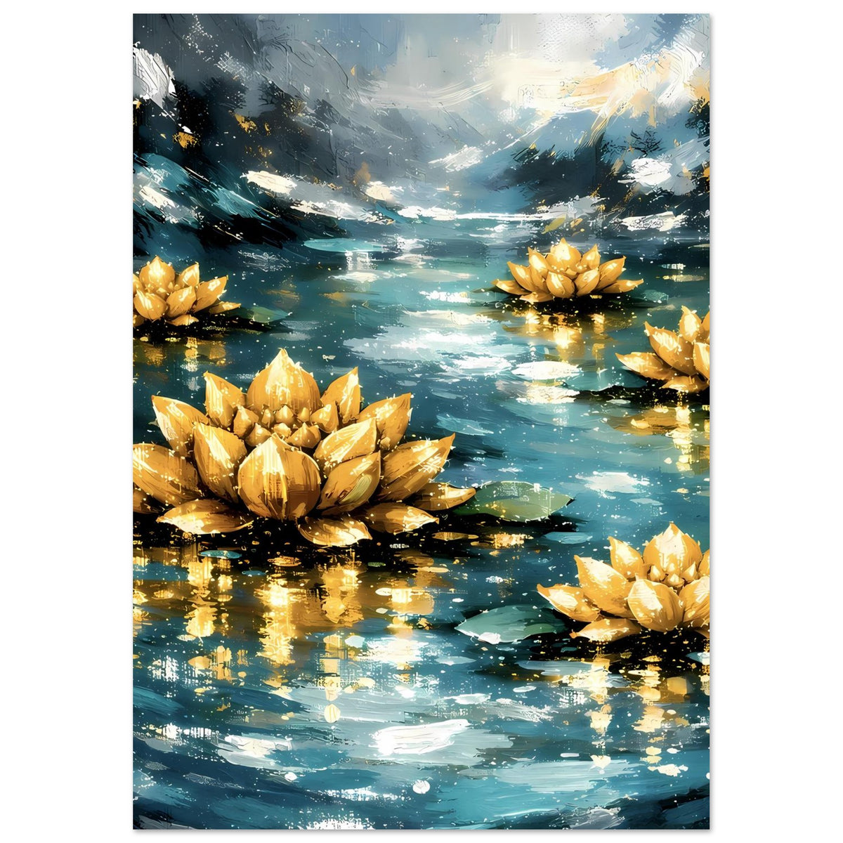 Hochformat-Poster mit goldenen Lotusblüten, dunklem Teichwasser und hellem Licht in der Ferne