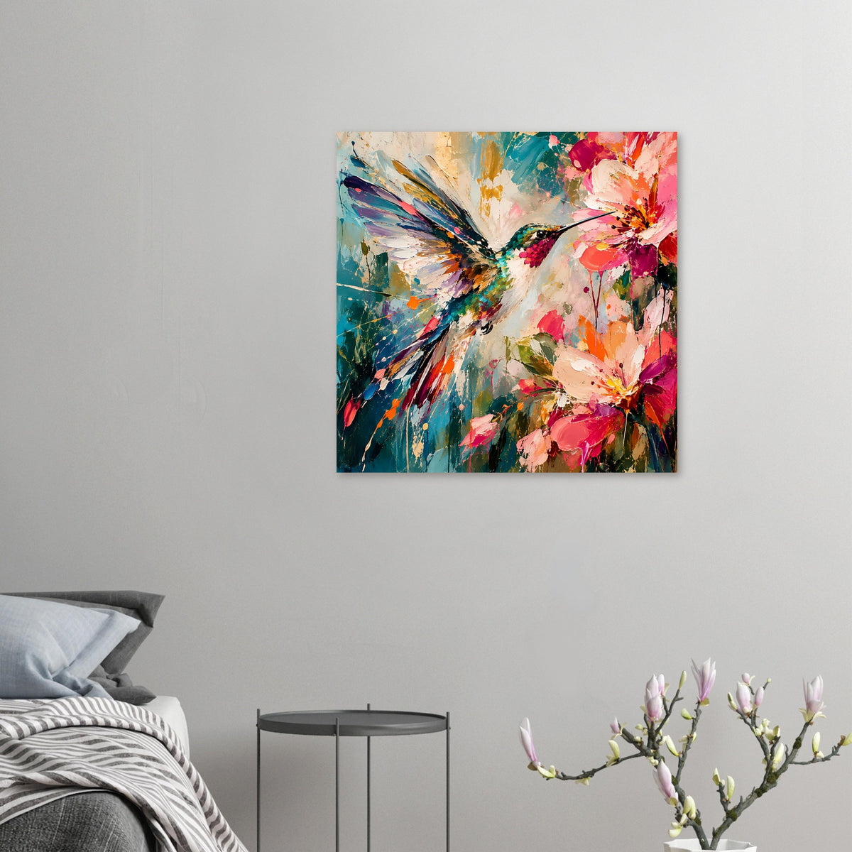 Kleines quadratisches Poster mit Kolibri und Blüten, abstrakt bunt, gerahmt
