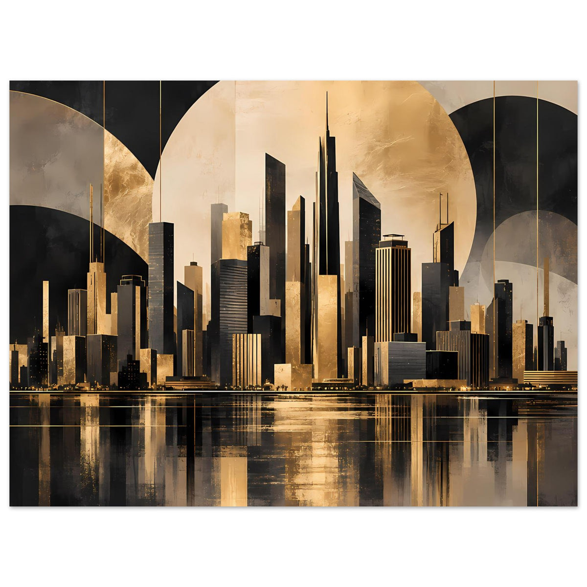 Stadtposter mit goldener Skyline, dunkler Architektur und Spiegelung auf Wasser