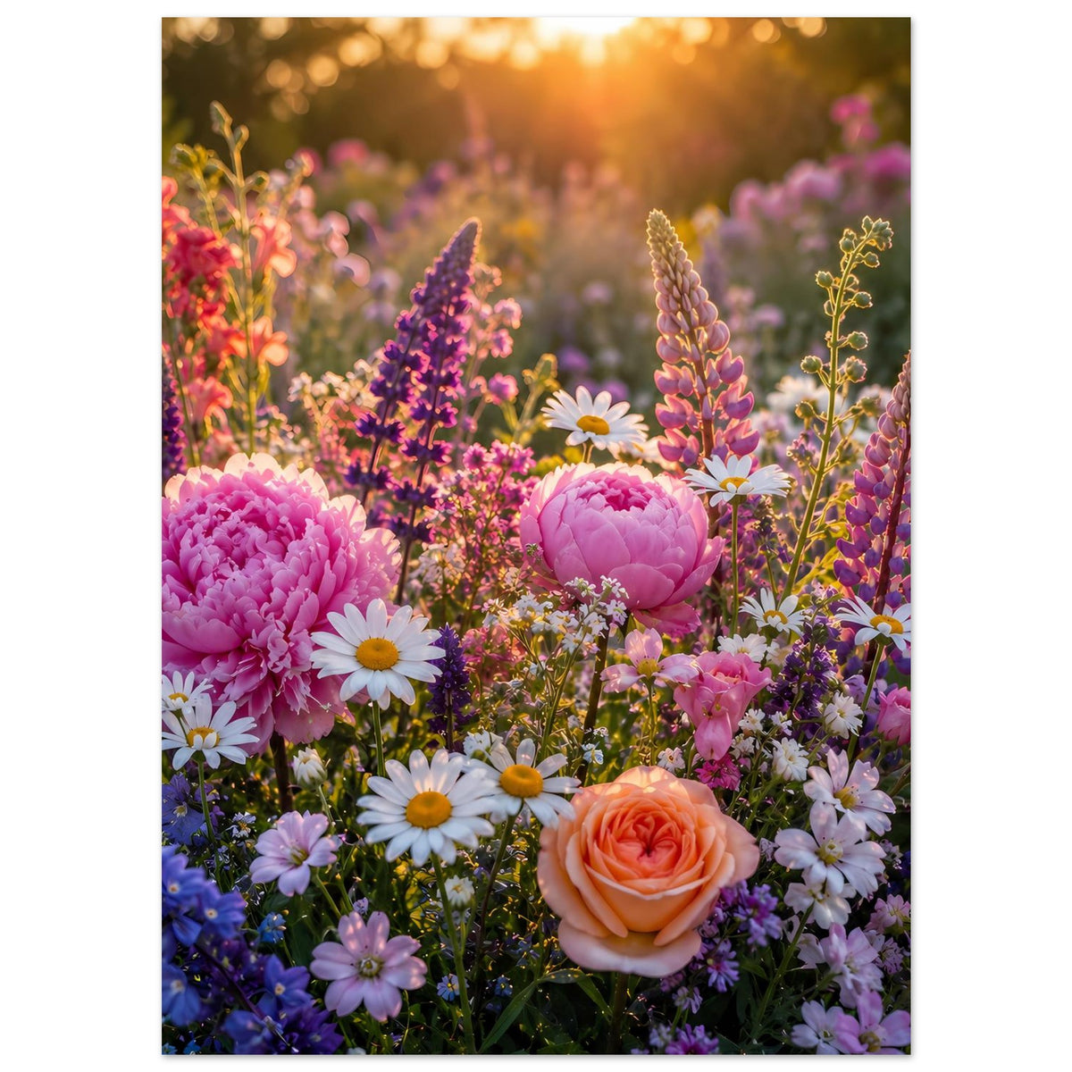 Blumenposter im Hochformat mit Pfingstrosen, Gänseblümchen und rosafarbener Rose im Vordergrund