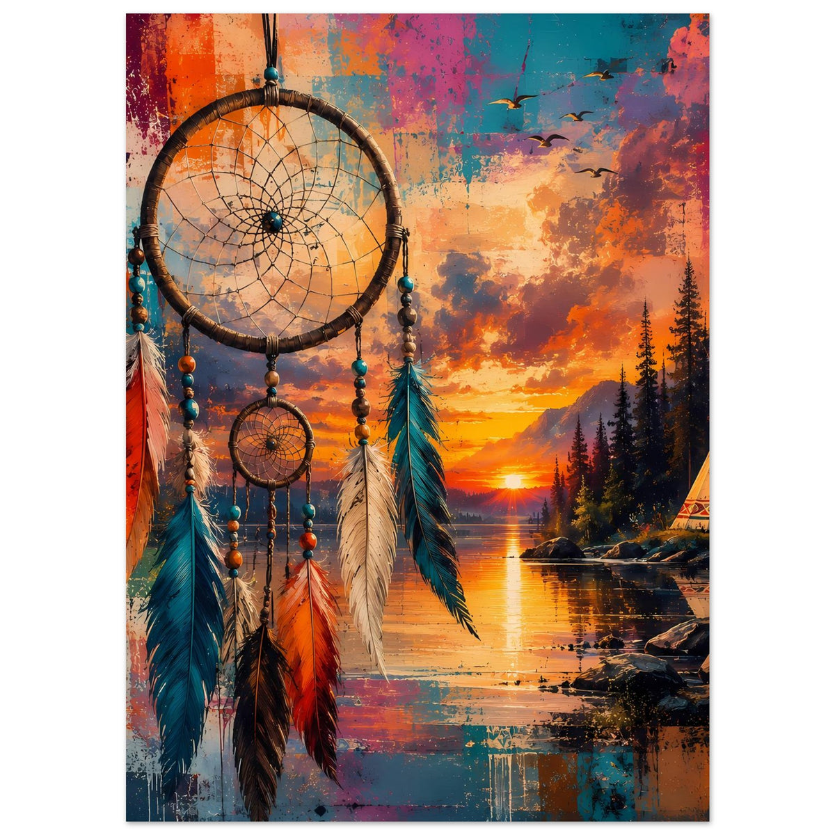 Boho Traumfänger-Poster hochformatig mit Kreis-Fangnetz, bunten Federn und See